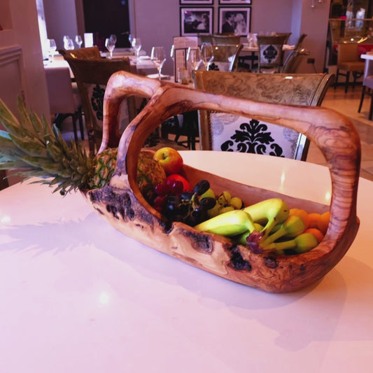 Olive Wood Wooden Decorative Fruit Basket/Bowl with Handle