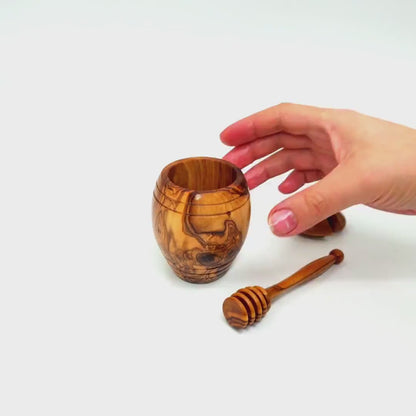Olive Wood Wooden Honey Pot With Lid & Dipper
