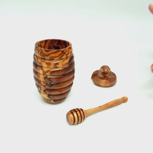 Olive Wood Wooden Honey Pot With Lid & Dipper