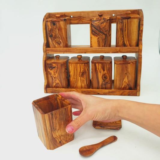 Olive Wood Spice Rack With 8 Containers And Spoons, Hand Crafted Eco Friendly Tea Coffee Sugar Boxes With Lids