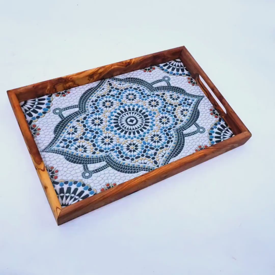 Olive Wood Rectangular Olive Wood Ceramic Tray with Handle 40 cm * 25 cm