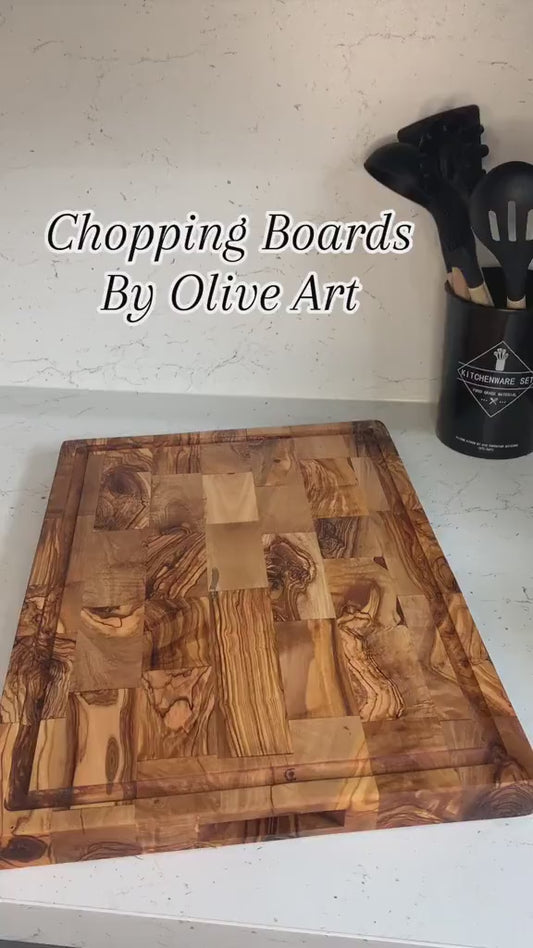 Olive Wood End Grain Chopping/Cutting Board | Large Heavy Rectangular Charcuterie W/ Drip Catching Groove  | Various Sizes