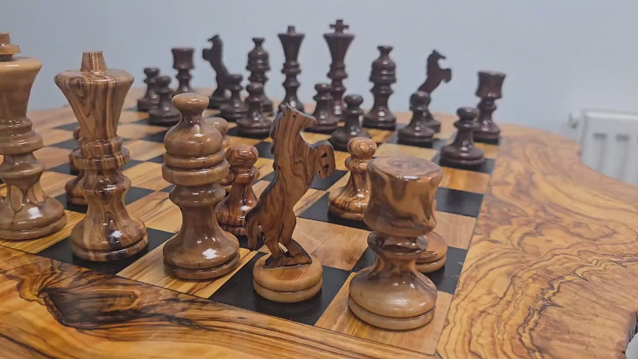 Personalised Olive Wood Natural Hand Crafted Fantasy Look Wooden Chess Board Set Table With Pieces | Unique Gift Idea