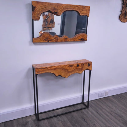 Hand made olive wood mirror and console table set