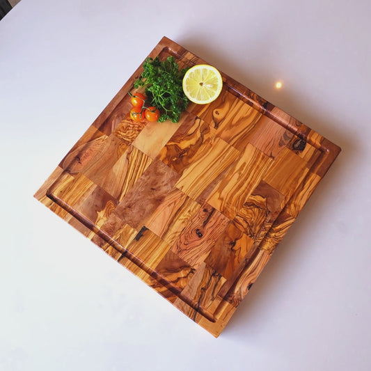Square End Grain Olive Wood Cutting Board W/ Drip Catcher Groove | 25 | 30 | 35cm