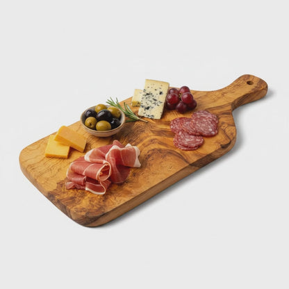 Handmade Olive Wood Rectangular Paddle Board with Handle & Hanging Hole | Live Edge Fruit Cheese & Serving Board | Unique Burl Grain | 33–45 cm