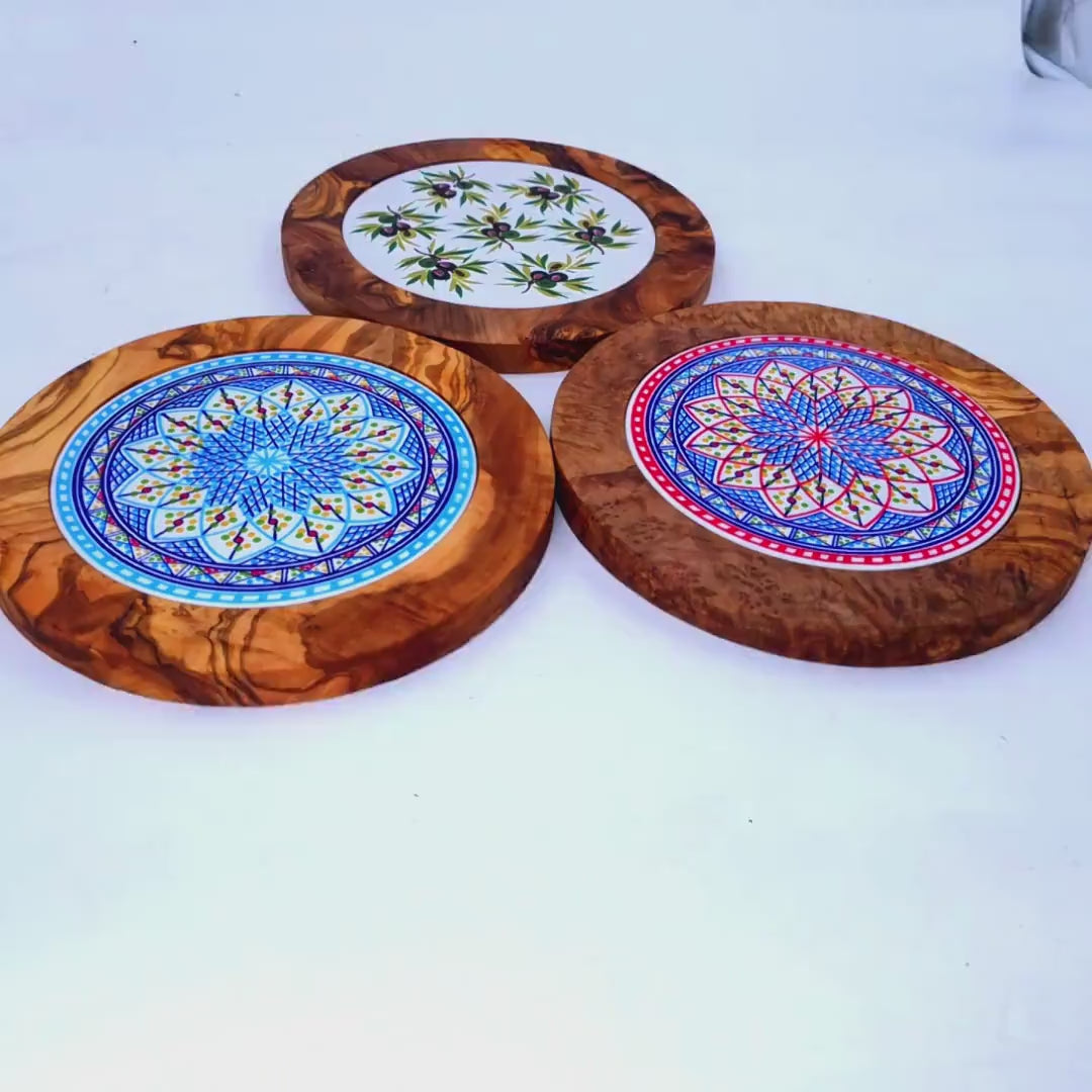 Olive Wood Handcrafted Round Wooden Ceramic Serving Tray/Coaster | Multiple Styles