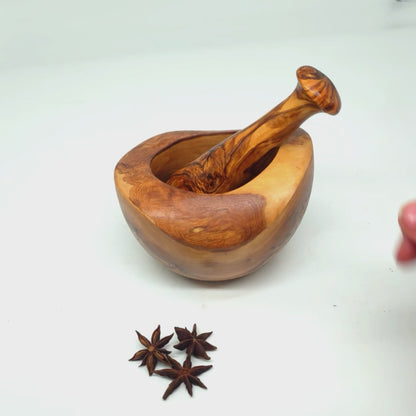 Olive Wood Natural Style Pestle & Mortar | Garlic, Herb, Seed Crusher | Unique Housewarming Kitchen Gift Idea | Various Sizes