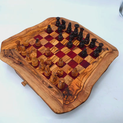 Olive Wood Wooden Handcrafted Chess Board Set W/ Pieces & Two Drawers - Perfect Unique Gift For Chess Lovers