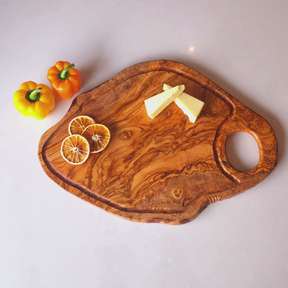 Olive Wood Large Solid Irregular Shape Cutting Board with Handle and Groove | 40 - 70cm