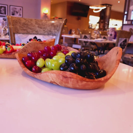 Olive Wood Handcrafted Flat Wooden Fruit Bowl Display Basket
