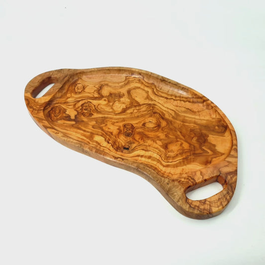 Olive Wood Irregular Shape Handcrafted Wooden Breakfast Serving Tray W/ Handles