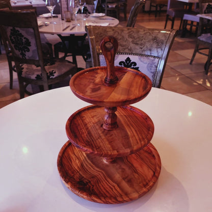 Olive Wood 3 Tiered Serving Tray/Platter Dining Room Centrepiece For Dinner Parties