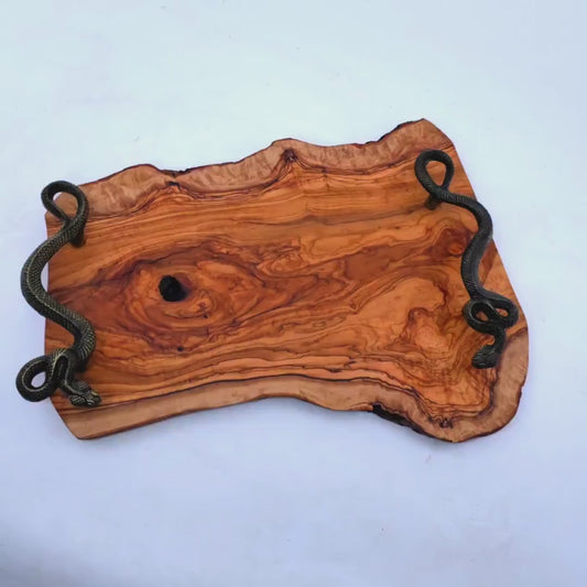 hand made olive wood tray with Snake shaped handle