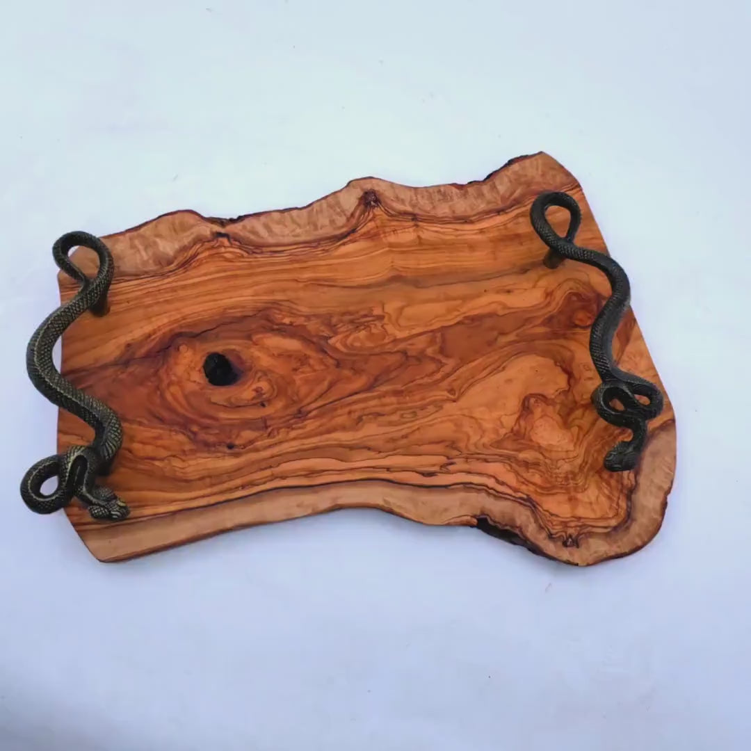 hand made olive wood tray with Snake shaped handle