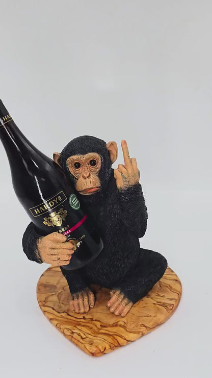 Black Up Yours Monkey Wine Bottle Holder with heart shape olive wood board