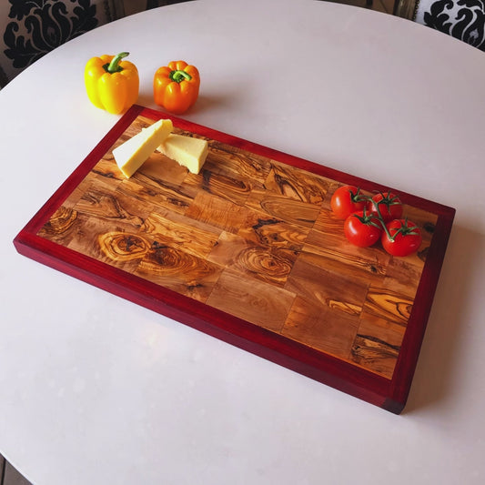 Rectangular Olive Wood End Grain Cutting Board W/ Red Border