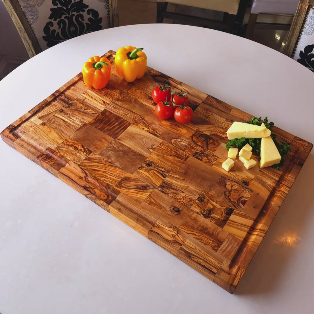Olive Wood End Grain Chopping Cutting Board Large Heavy Rectangular Charcuterie W Drip Catching Groove Various Sizes