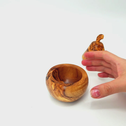 Olive Wood Handcrafted Pear Shaped Wooden Coffee/Sugar/Spice Bowl W/ Lid