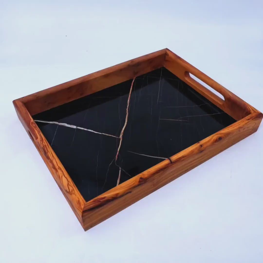 Olive Wood Rectangular Olive Wood Marble effect Tray with Handle