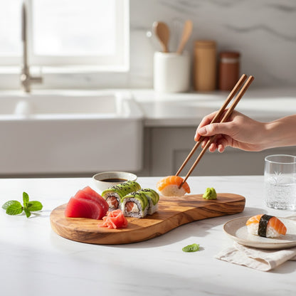 23cm Premium Olive Wood Sushi Board – Artisan Handcrafted Nigiri & Sashimi Serving Platter – Small Live Edge Charcuterie & Appetizer Tray
