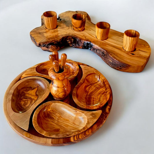 Luxury Hand-Finished Olive Wood Tequila & Appetizer Set