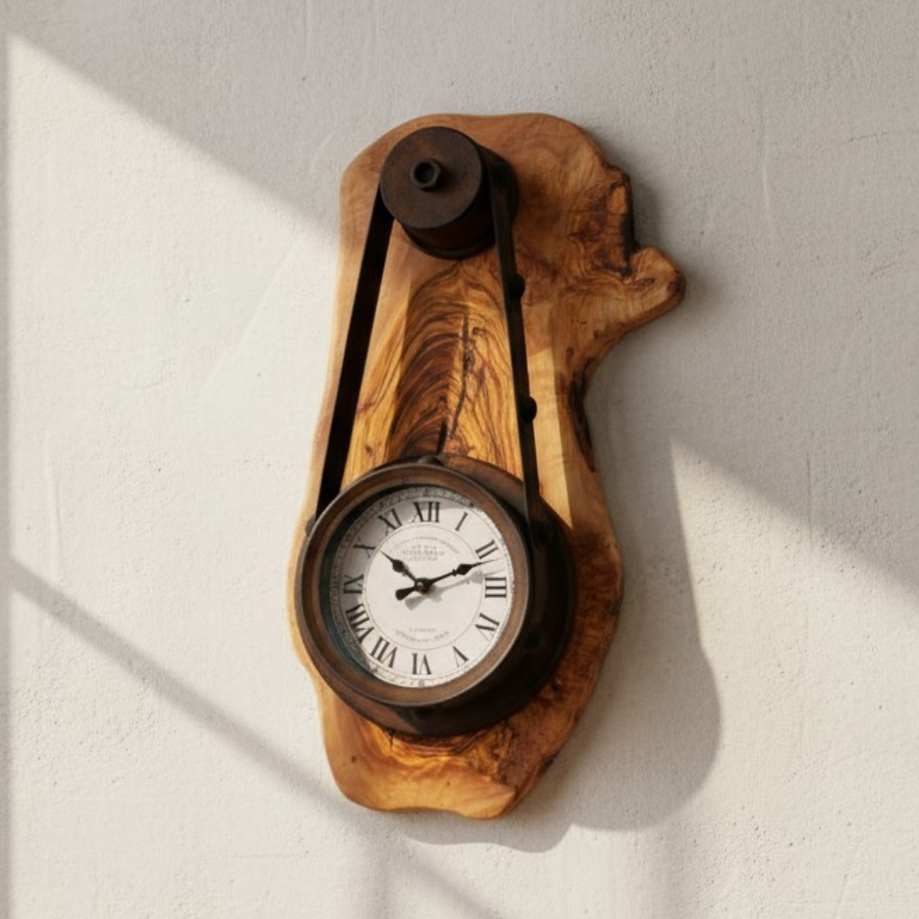 Industrial Pulley Belt Olive Wood Wall Clock | Steampunk Mechanical Statement Clock
