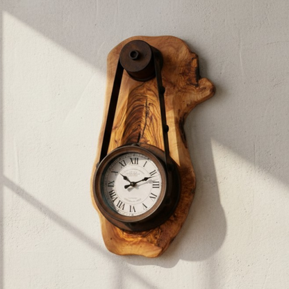 Industrial Pulley Belt Olive Wood Wall Clock | Steampunk Mechanical Statement Clock