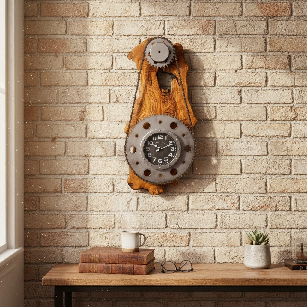 Industrial Gear & Chain Olive Wood Wall Clock | Luxury Steampunk Sprocket Statement Decor