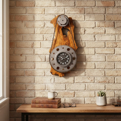 Industrial Gear & Chain Olive Wood Wall Clock | Luxury Steampunk Sprocket Statement Decor