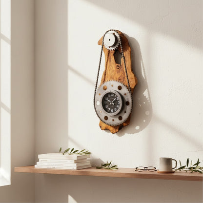 Industrial Gear & Chain Olive Wood Wall Clock | Luxury Steampunk Sprocket Statement Decor