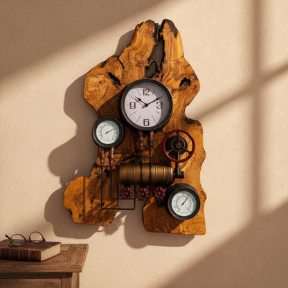 Industrial Steampunk Multi-Gauge Freeform Olive Wood Clock | Luxury Weather Station Art