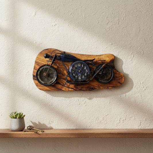 Motorcycle Olive Wood Clock | Vintage Luxury Wall Art