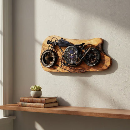 Motorcycle Olive Wood Clock | Vintage Luxury Wall Art