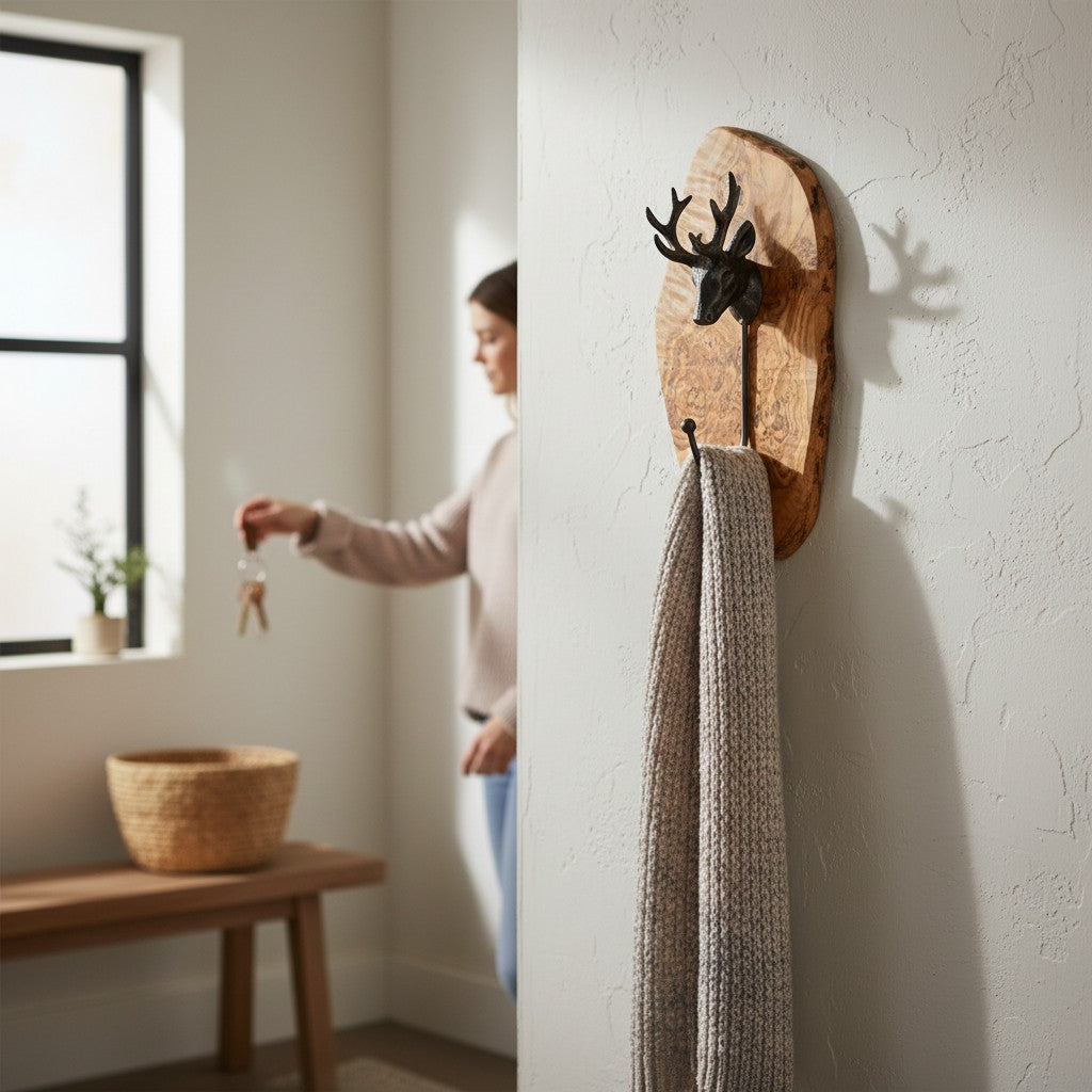 Freeform Olive Wood Stag Head Wall Hook | Luxury Cast Iron Deer Antler Coat Hanger
