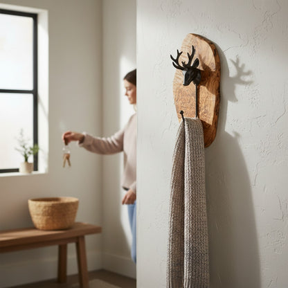 Freeform Olive Wood Stag Head Wall Hook | Luxury Cast Iron Deer Antler Coat Hanger