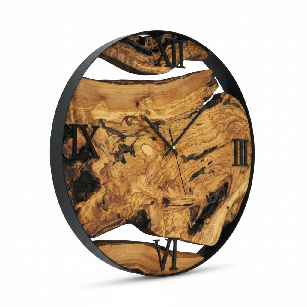 Minimalist Round Olive Wood Wall Clock | Luxury Metal Hoop Statement Clock