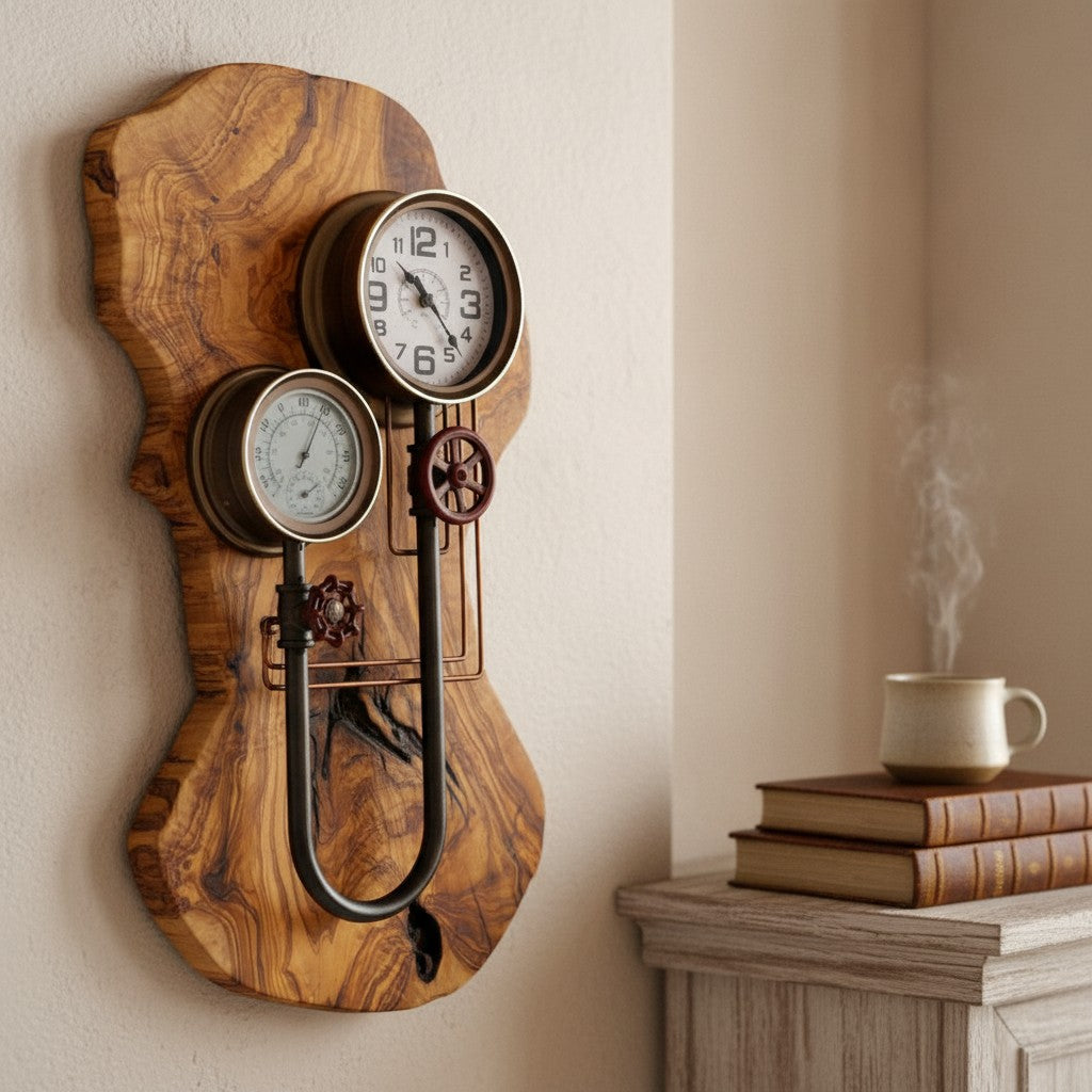 Industrial Steampunk Olive Wood Wall Clock | Luxury Live Edge Weather Station Decor