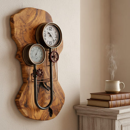 Industrial Steampunk Olive Wood Wall Clock | Luxury Live Edge Weather Station Decor