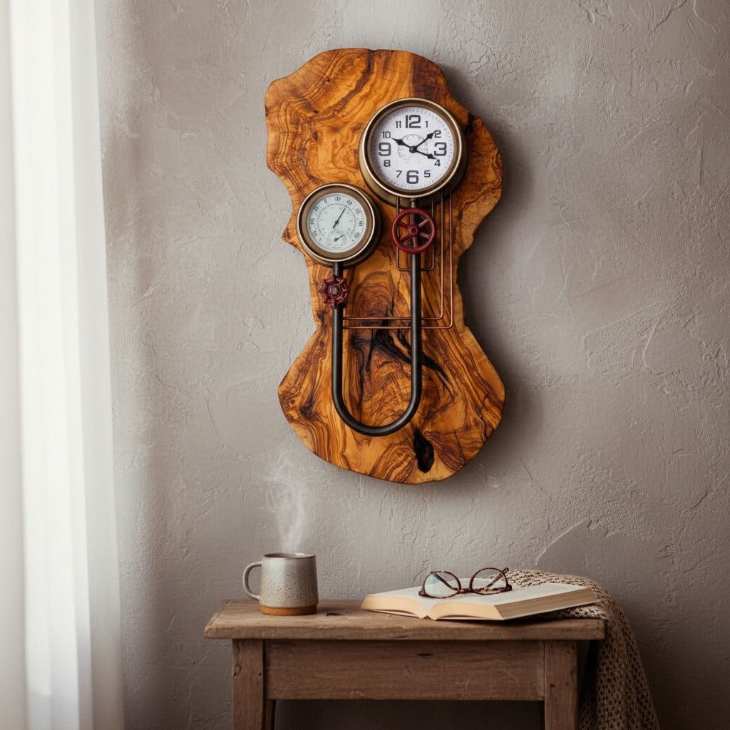 Industrial Steampunk Olive Wood Wall Clock | Luxury Live Edge Weather Station Decor