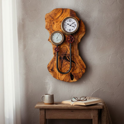 Industrial Steampunk Olive Wood Wall Clock | Luxury Live Edge Weather Station Decor