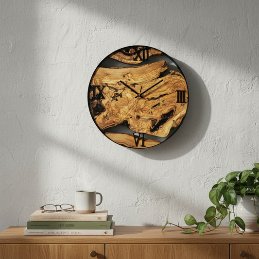Minimalist Round Olive Wood Wall Clock | Luxury Metal Hoop Statement Clock