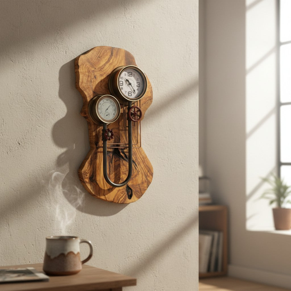 Industrial Steampunk Olive Wood Wall Clock | Luxury Live Edge Weather Station Decor