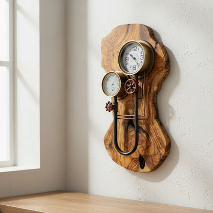 Industrial Steampunk Olive Wood Wall Clock | Luxury Live Edge Weather Station Decor