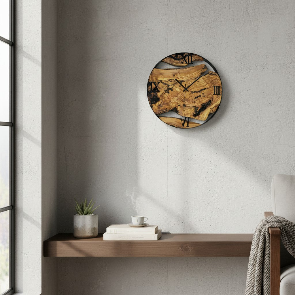 Minimalist Round Olive Wood Wall Clock | Luxury Metal Hoop Statement Clock