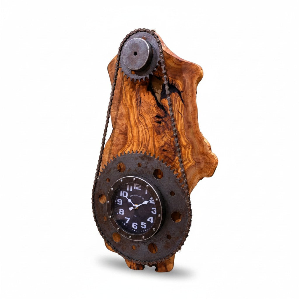 Industrial Gear & Chain Olive Wood Wall Clock | Luxury Steampunk Sprocket Statement Decor
