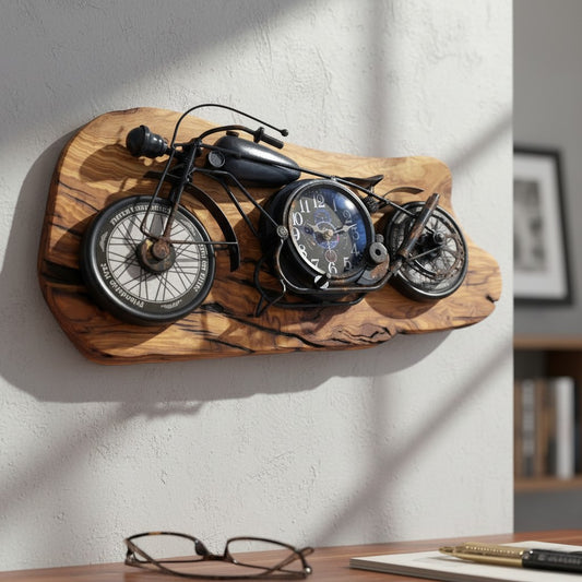 Motorcycle Olive Wood Clock | Vintage Luxury Wall Art