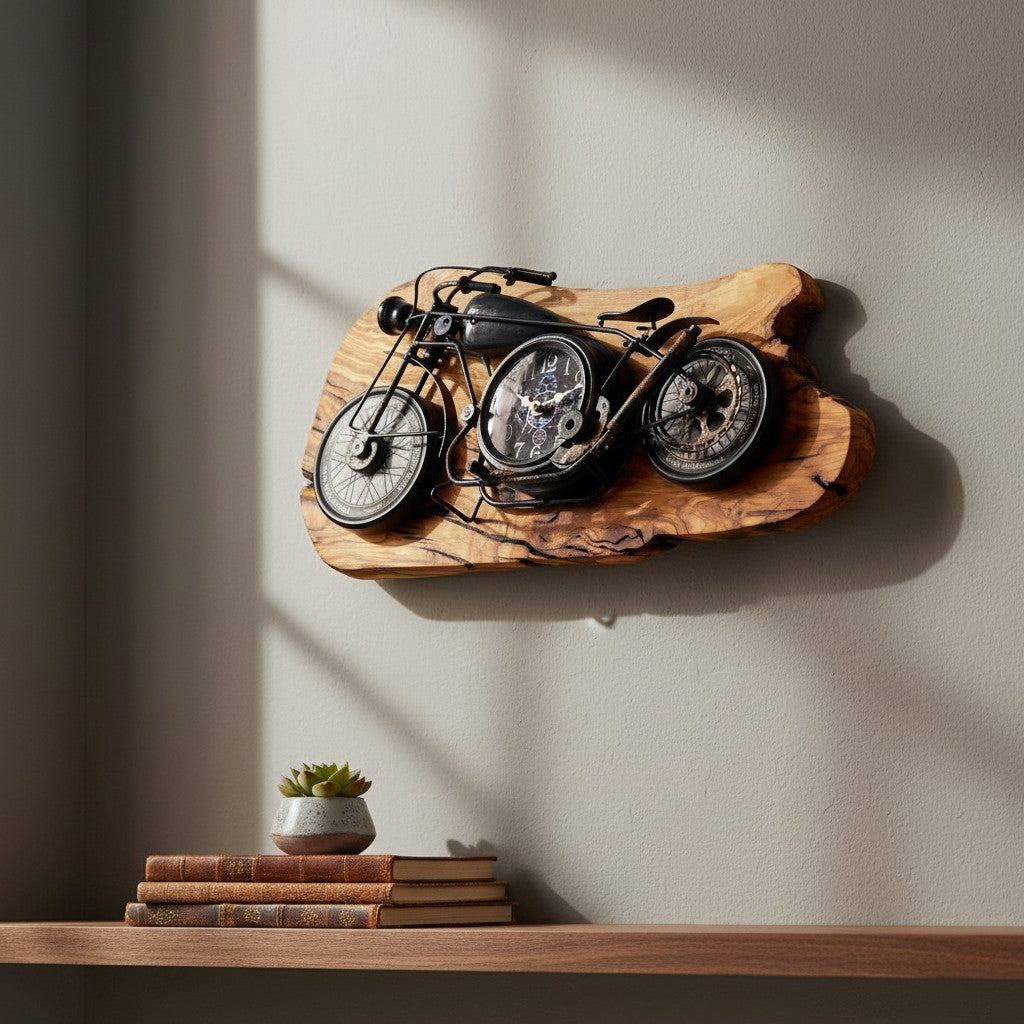 Motorcycle Olive Wood Clock | Vintage Luxury Wall Art