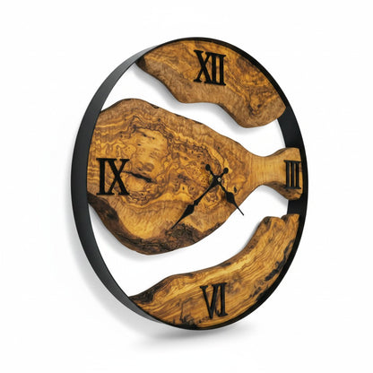 Minimalist Round Olive Wood Wall Clock | Luxury Metal Hoop Statement Clock