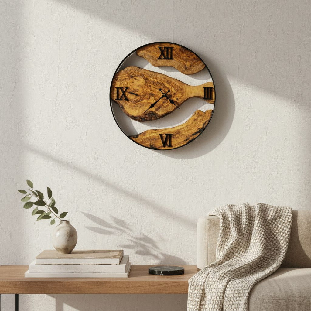 Minimalist Round Olive Wood Wall Clock | Luxury Metal Hoop Statement Clock
